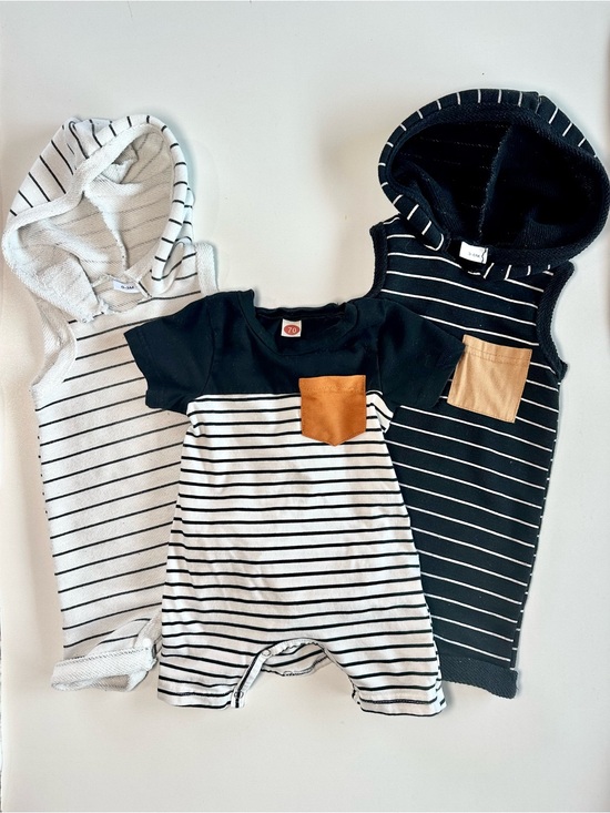 miscellaneous Other - Striped Short-Sleeve Hoodie Baby Rompers Tan Pocket - Black & White -3 Pack
